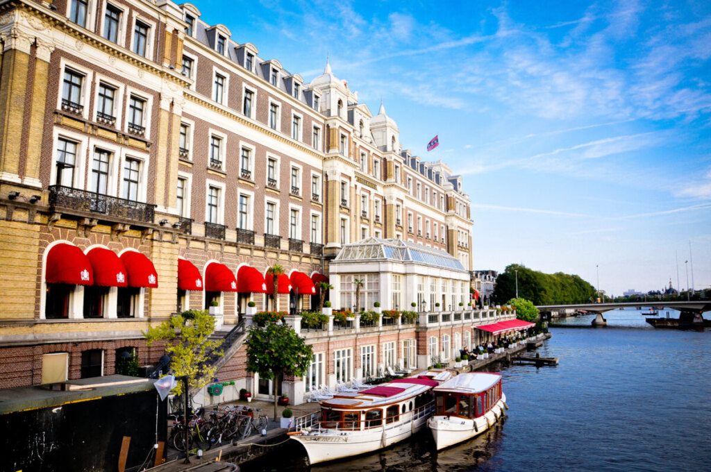 Sustainable luxury InterContinental Amstel Amsterdam hotel exterior along canal