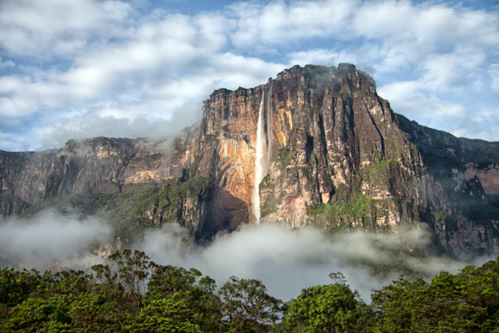 Panoramic view of the Angel Falls and skyline in Venezuela