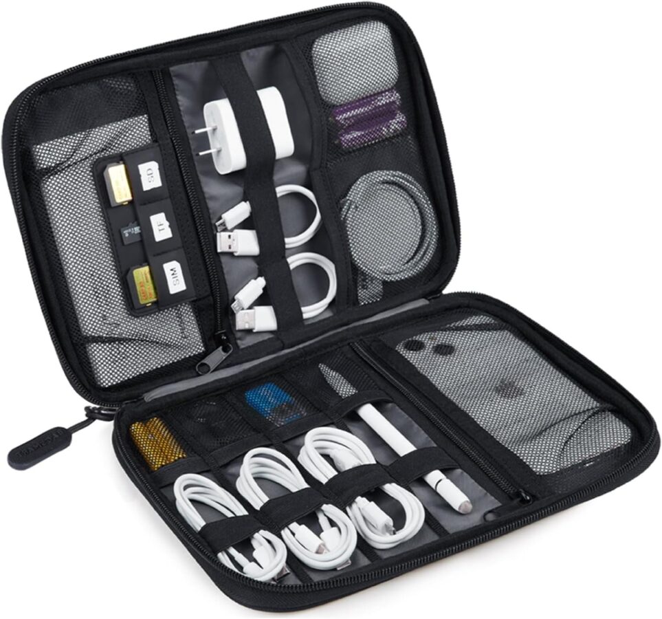 Compact BAGSMART electronics travel organizer with multiple pockets for cables, chargers, and small devices, ideal for travel