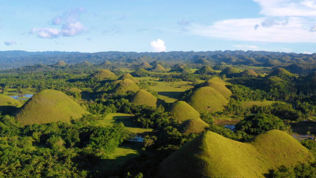 Panoramic view of the chocolate hills and skyline in Bohol, Philippines