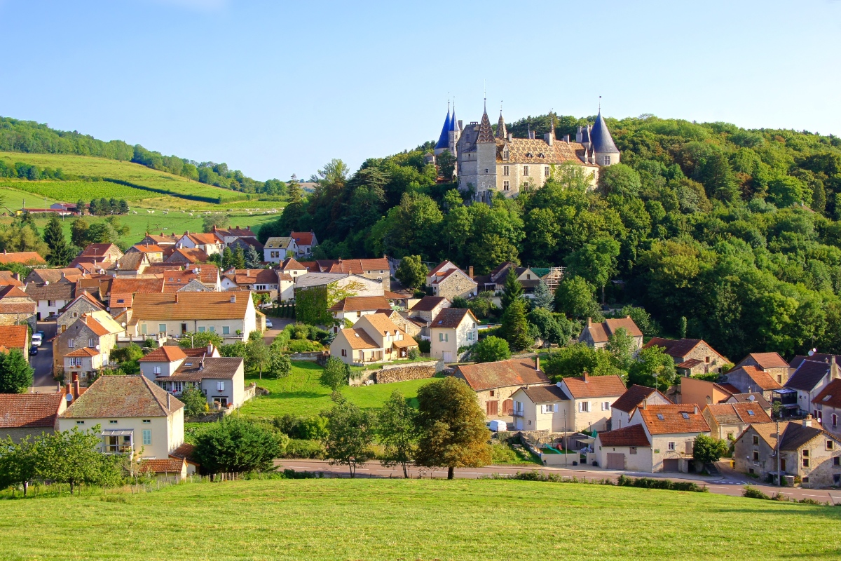 Panoramic view of the Rochepot village and castle in Burgundy, France