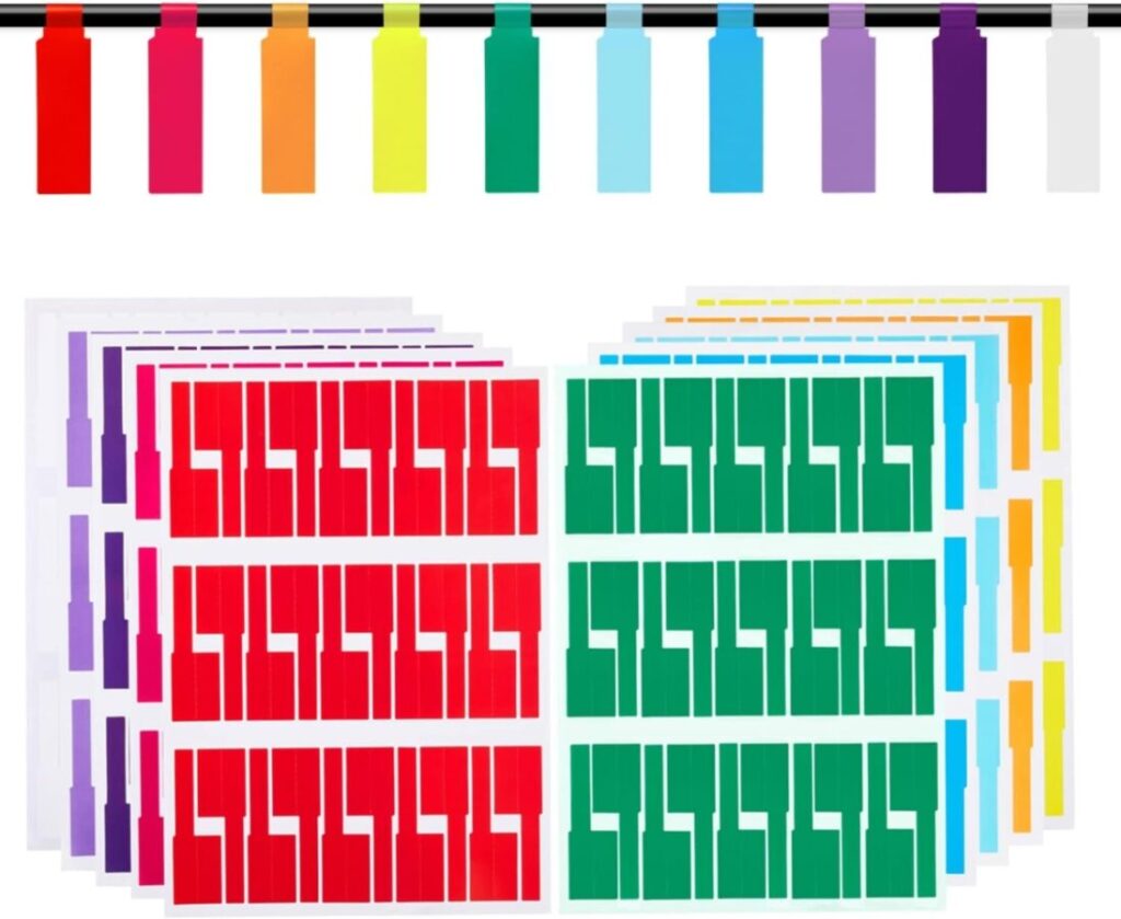 Brightly colored cable labels arranged in a neat row, each labeled for easy identification and organization
