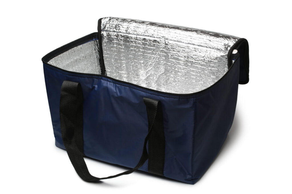 Close-up of an open cooler bag showcasing its insulated interior