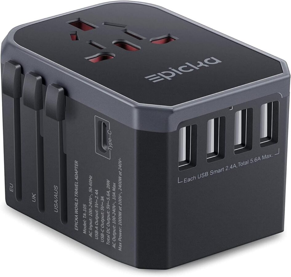 EPICKA Universal Travel Adapter with multiple plug types for global compatibility, perfect for international travelers