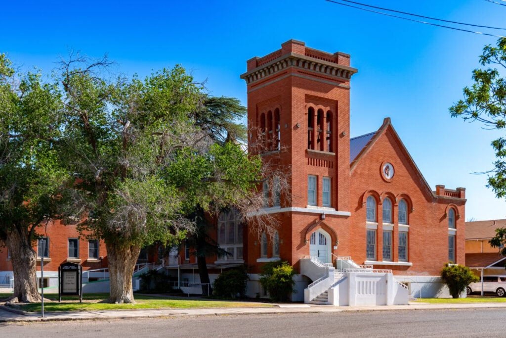 First United Methodist Church and a street at Marfa, Texas 