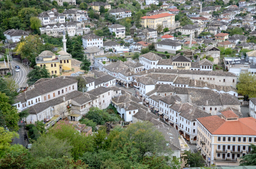 Aerial view of the Gjirokastër, Albania historical buildings and cityscape