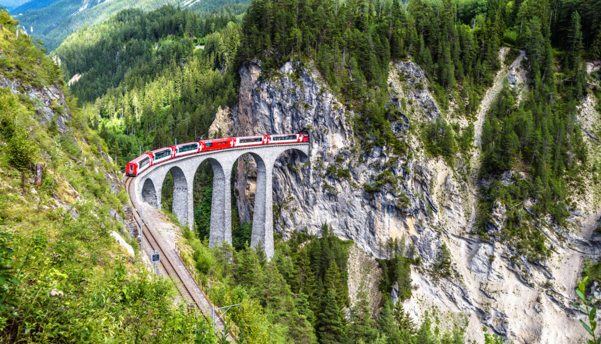 Rhaetian glacier express runs on amazing railway.
