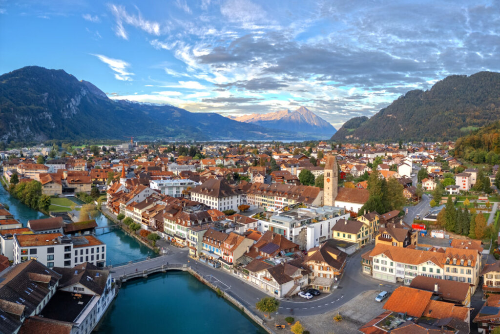 Aerial view of Interlaken, Switzerland cityscape and Aare River