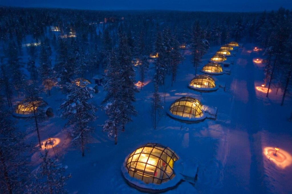 Aerial view of the igloos in Kakslauttanen Arctic Resort