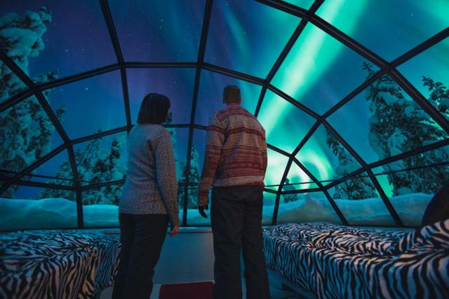 View of the northern lights inside an igloo of the Kakslauttanen Arctic Resort