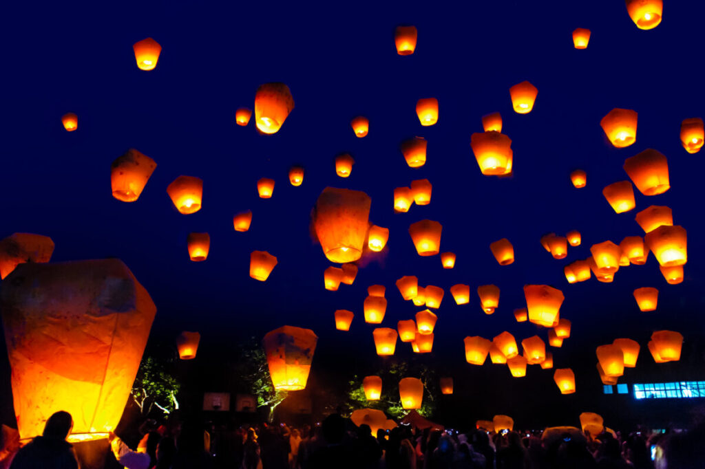 Lanterns released into the sky during the Pingxi Sky Lantern Festival in Taipei, Taiwan