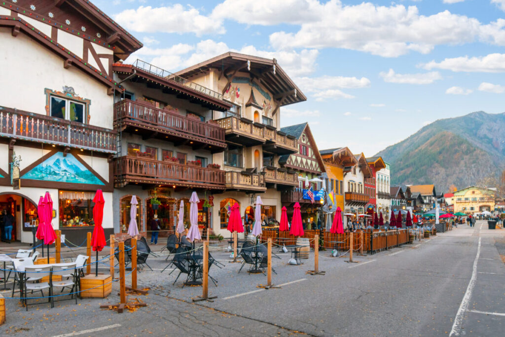 Main street and establishments through the Bavarian village of Leavenworth in Washington