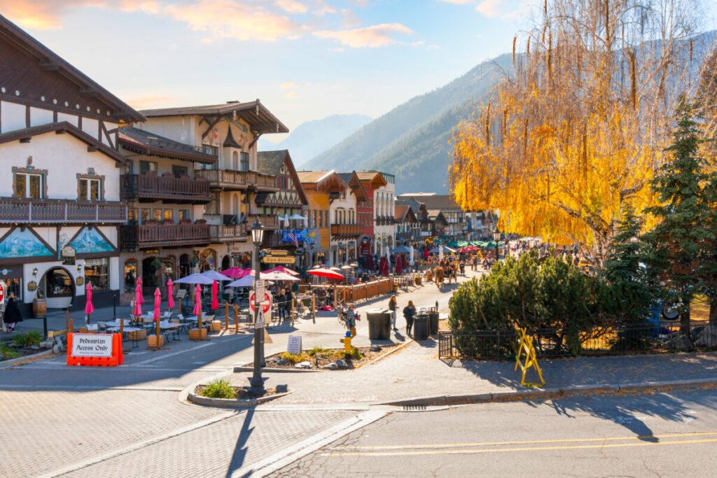 Main street sidewalk cafes and shops at the Bavarian village of Leavenworth in Washington