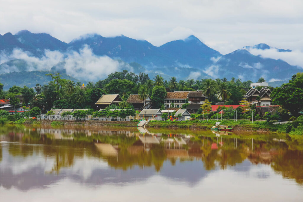 Panoramic view of the traditional houses on river bank of Luang Prabang, Laos