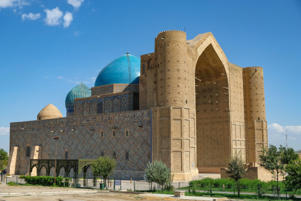 Building exterior of the Mausoleum of Khoja Ahmed Yasawi in Turkestan, Kazakhstan