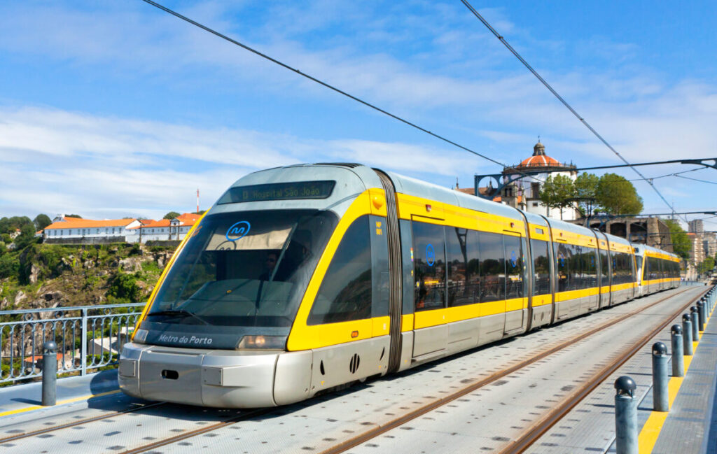 Close-up of the Metro do Porto light rail train in Portugal