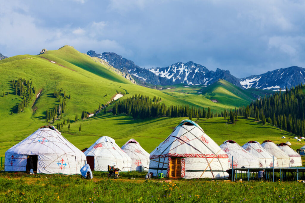 Row of Mongolia yurts  in Nalati, Xinjiang Uygur Autonomous Region, China