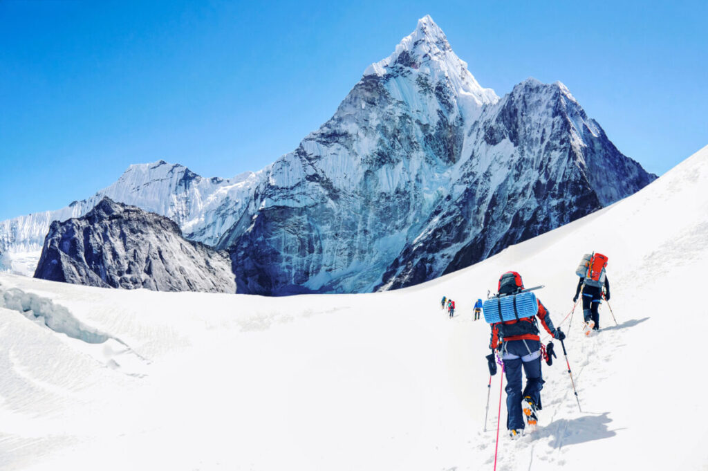 Group of climbers hiking the Everest summit in Nepal