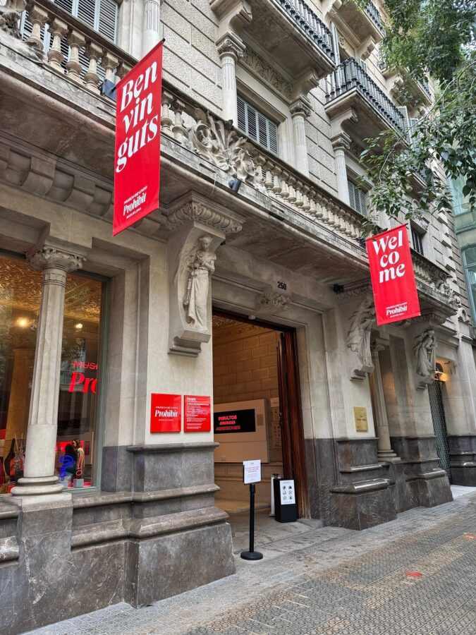 Exterior view of the Museum of Forbidden Art in Barcelona, showcasing its unique architecture and inviting entrance.
