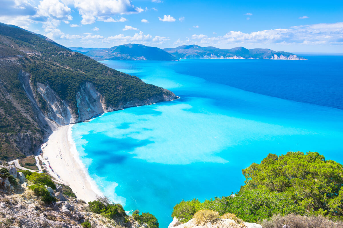 Aerial view of Myrtos Beach in Greece