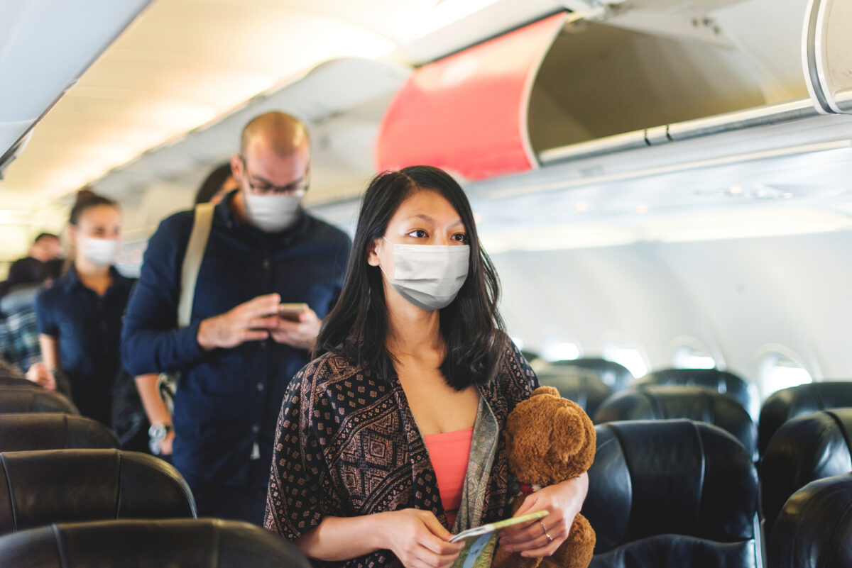 Plane passengers wearing mask for the new normal travel due to Covid-19