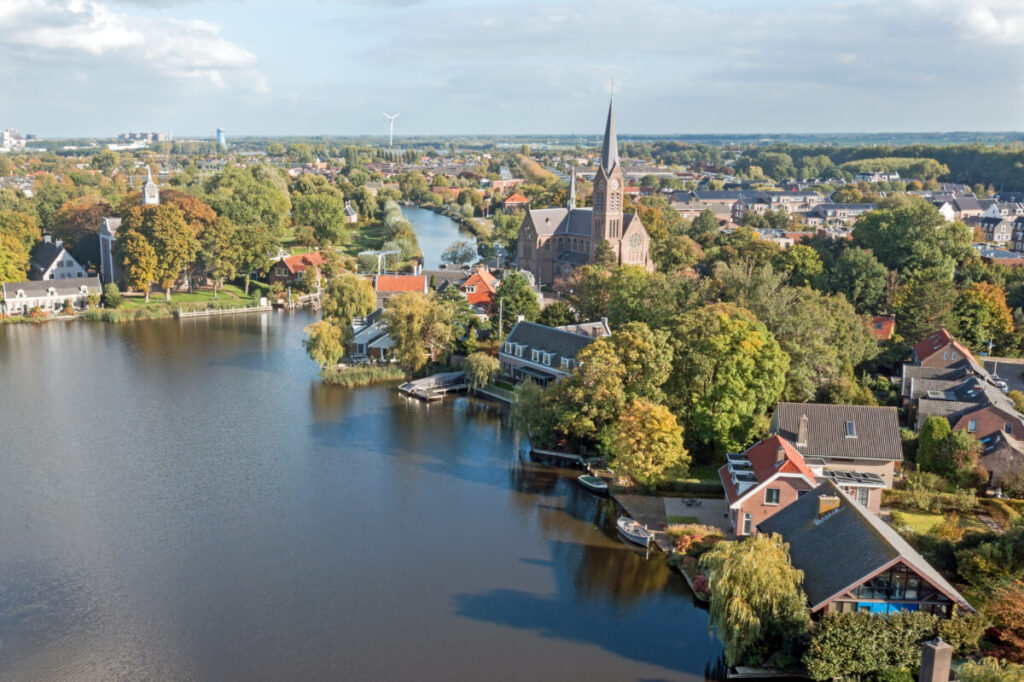 Aerial view of the Oudekerk aan de Amstel in the Netherlands