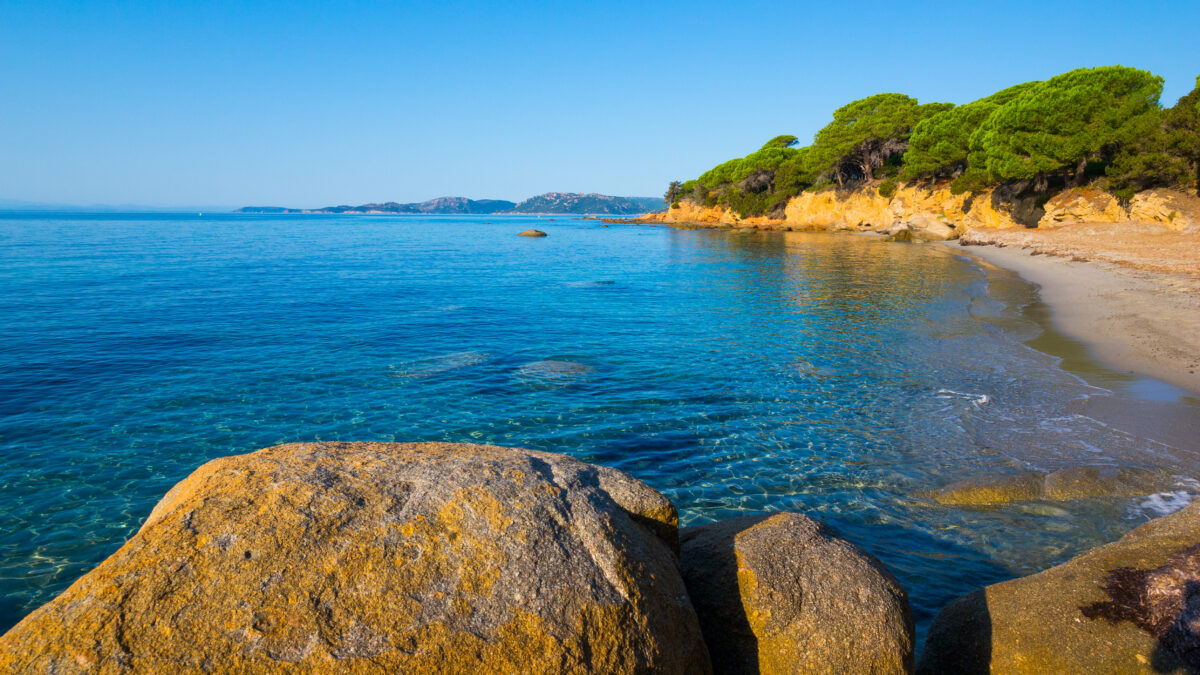 Sunrise at Plage de Palombaggia, Corsica, in summer