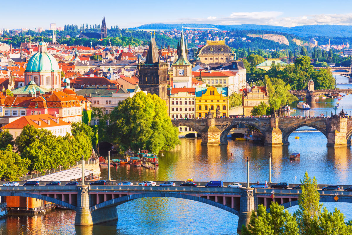 Panoramic view of the bridges and cityscape of Prague, Czech Republic
