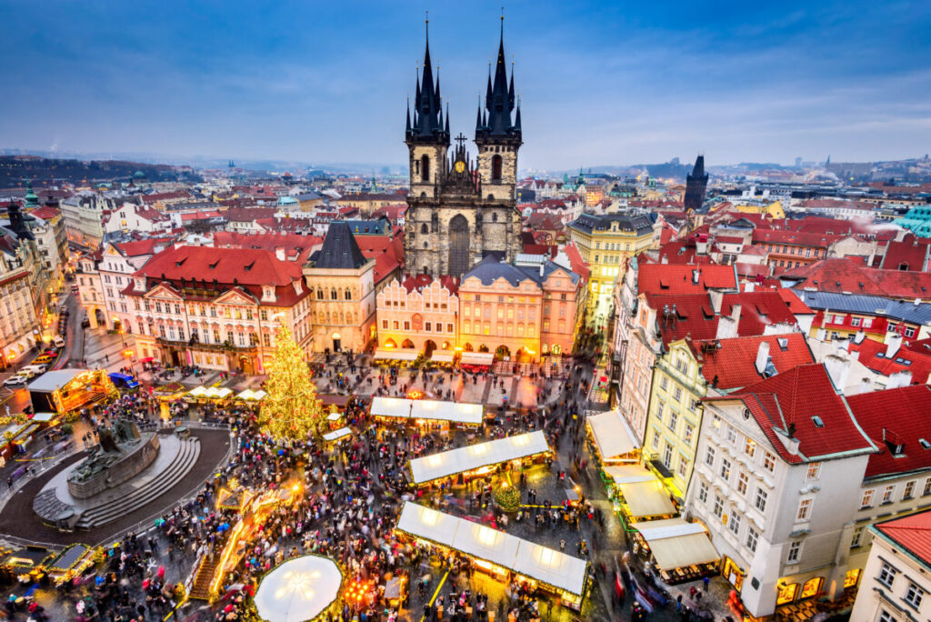 Aerial view of a busy Christmas Market at the Prague, Czech Republic