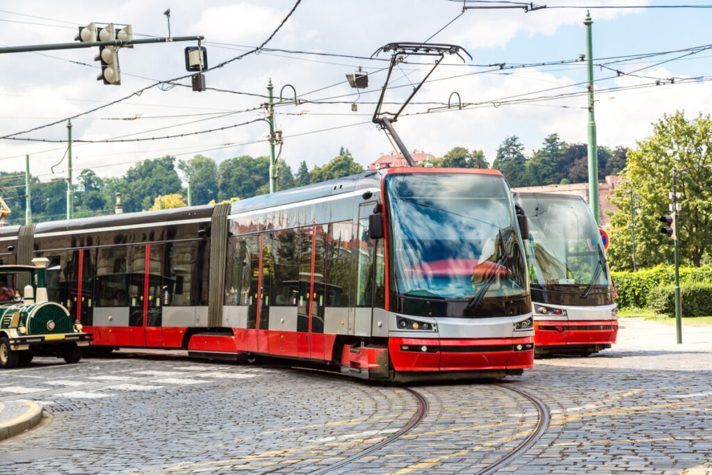 Tram at a old street in Prague, Czech Republic