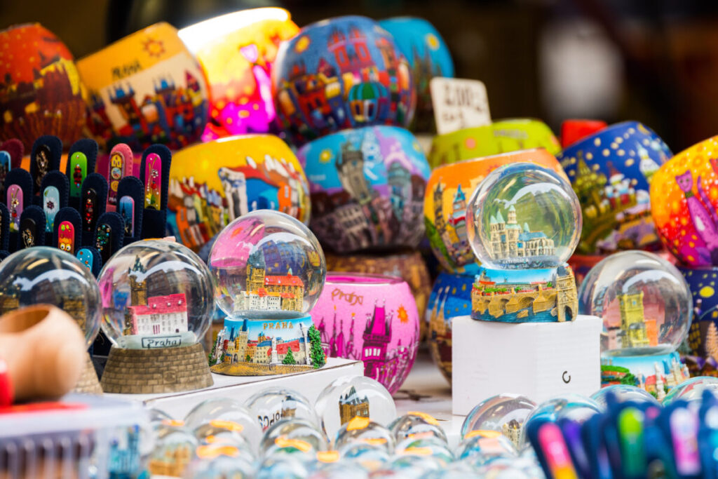 Close-up of various souvenirs in Prague, Czech Republic