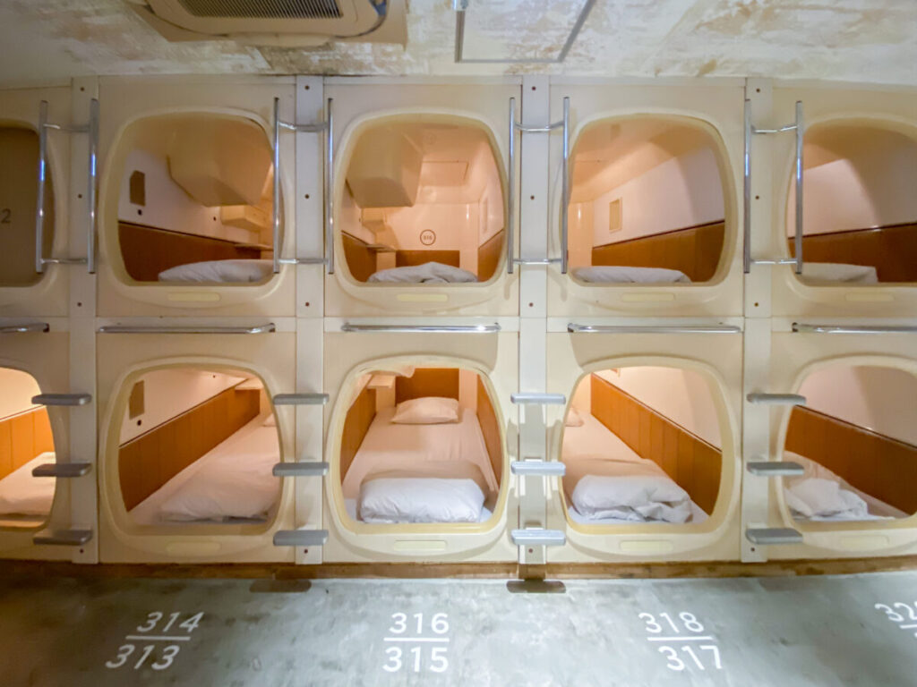 Interior and beds view of a Capsule Hotel in Tokyo, Japan