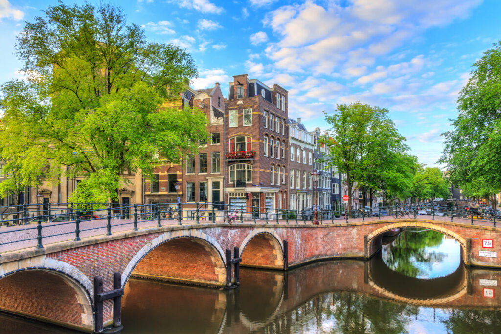 Panoramic view of the Prinsengracht and Reguliersgracht canals in Amsterdam, Netherlands