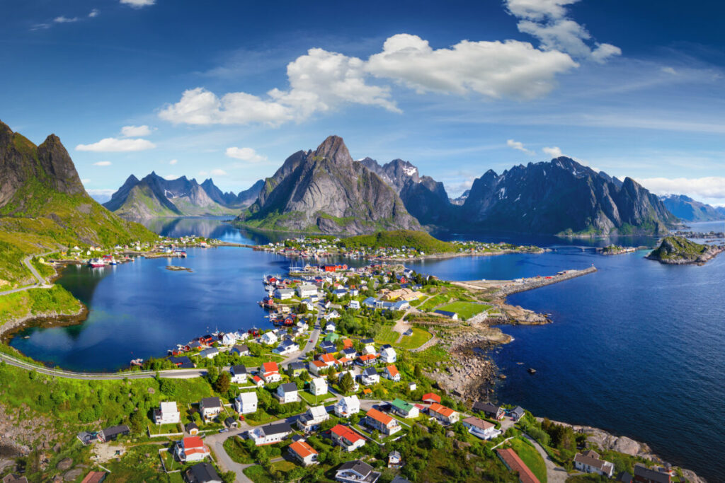 Aerial view of the Reine village in Lofoten, Norway