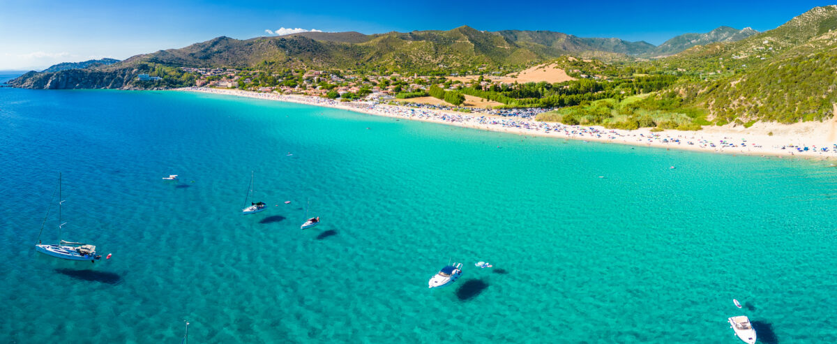 Aerial view of protected Solanas beach in Sardinia Italy showing turquoise waters