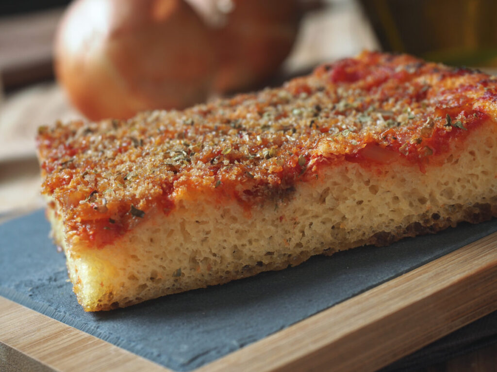 Close-up of the Sicilian traditional sfincione