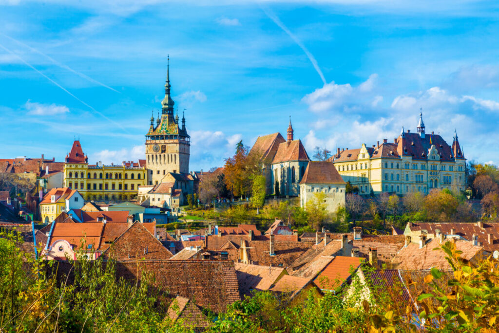 Panoramic view of the medieval fortress and the Sighisoara cityscape in Transylvania, Romania