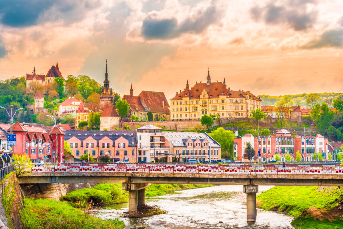 Scenic view of the medieval fortress and the cityscape of Sighisoara in Transylvania, Romania