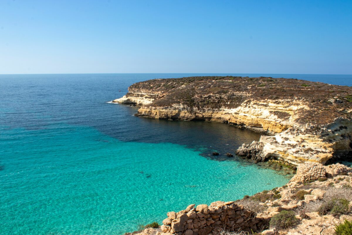 Aerial view of Spiaggia dei conigli - Lampedusa on a sunny day