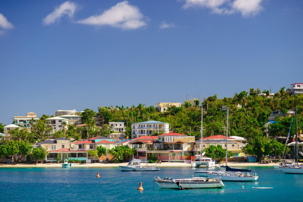 Panoramic view of Cruz Bay harbor and sailboats at St John US Virgin Islands