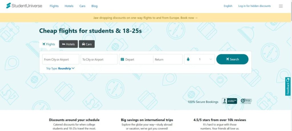 StudentUniverse website landing page