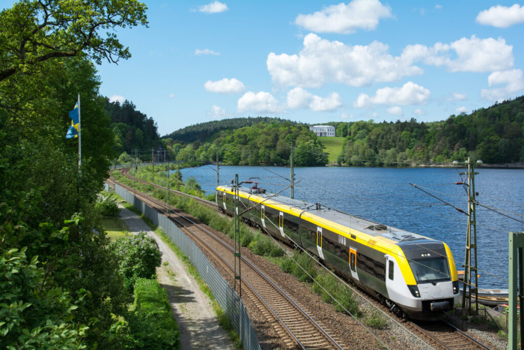 Panoramic view of a train passing on the west coast in Sweden