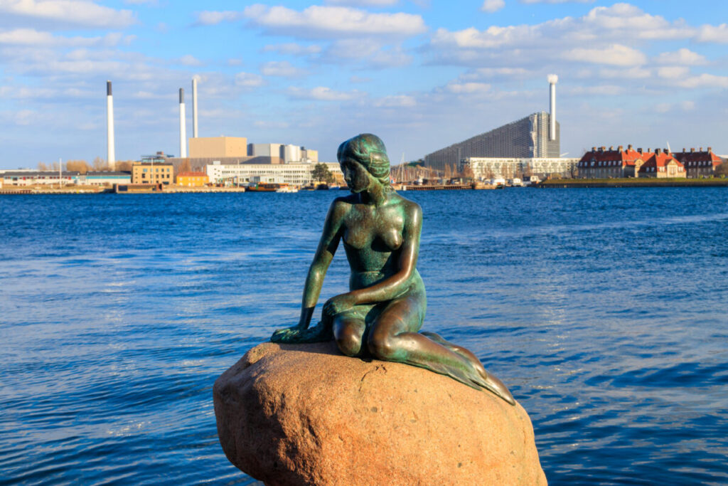 Close-up of the Little Mermaid statue at the Langelinie promenade in Copenhagen, Denmark