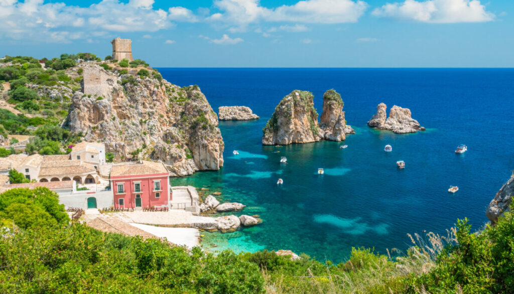 Panoramic view of the Tonnara di Scopello at the Scopello Village in Sicily, Italy