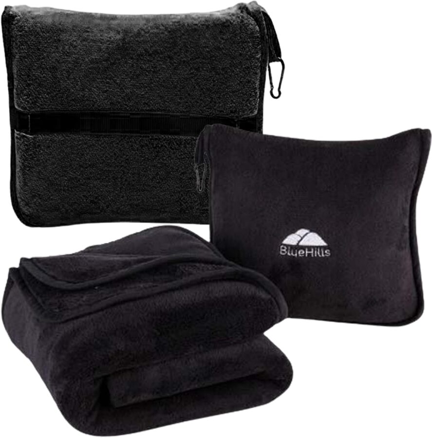 BlueHills premium travel blanket with compact carrying case that doubles as pillow