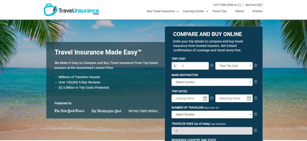 TravelInsurance.com website landing page