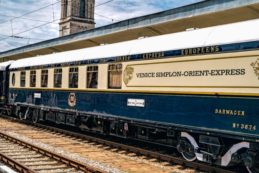 Close-up of the legendary Venice Simplon Orient Express is ready to depart a railway station