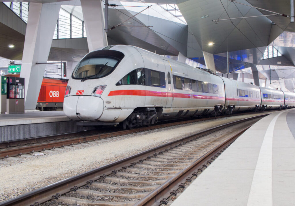 DB train arrives at Vienna Hauptbahnhof in Vienna, Austria