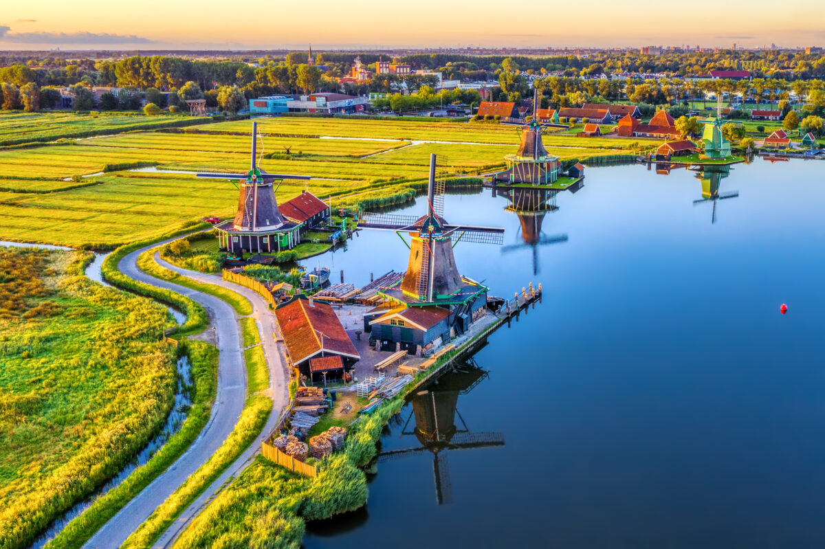 Aerial view of Zaanse Schans windmills in North Holland, Netherlands