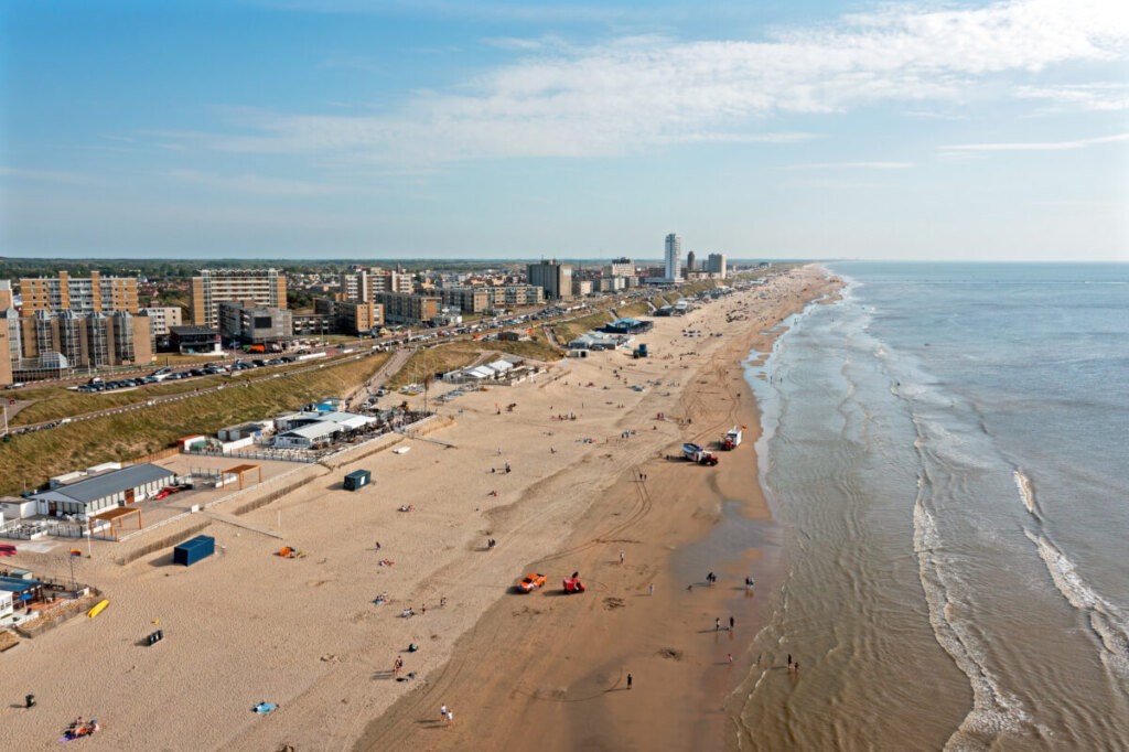 Zandvoort beach Netherlands panoramic view with beach bars sand dunes and North Sea